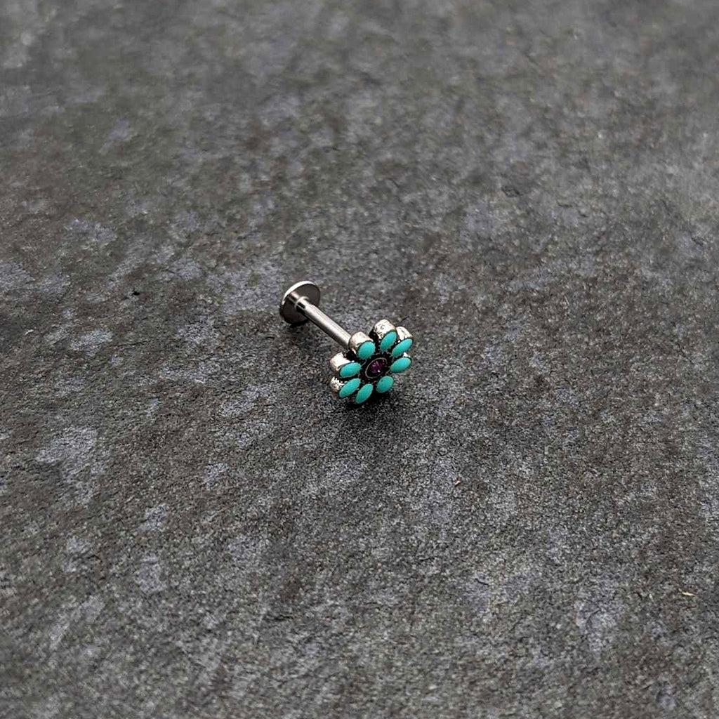 16G 5/16 Blue Gem Flower Teal Petals Labret Monroe Tragus