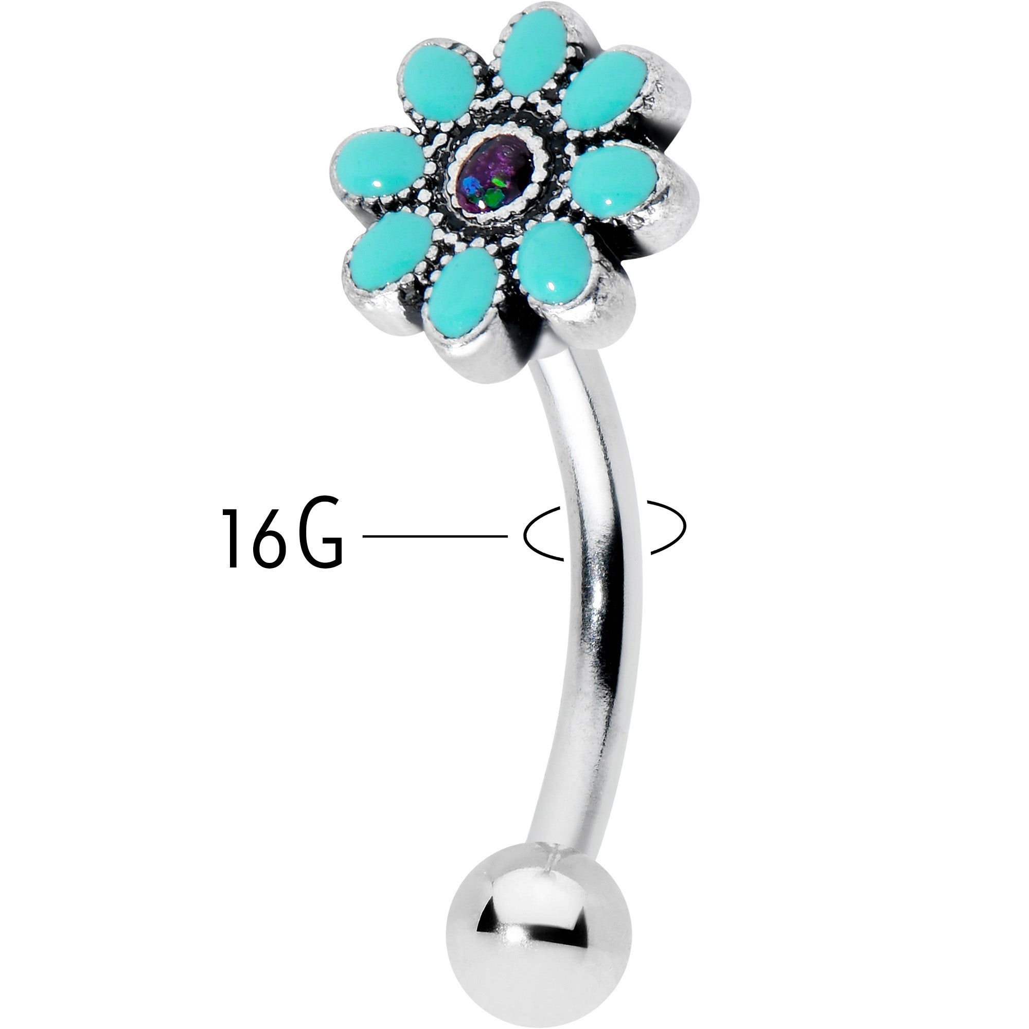 16G 5/16 Blue Gem Flower Teal Petals Curved Eyebrow Ring
