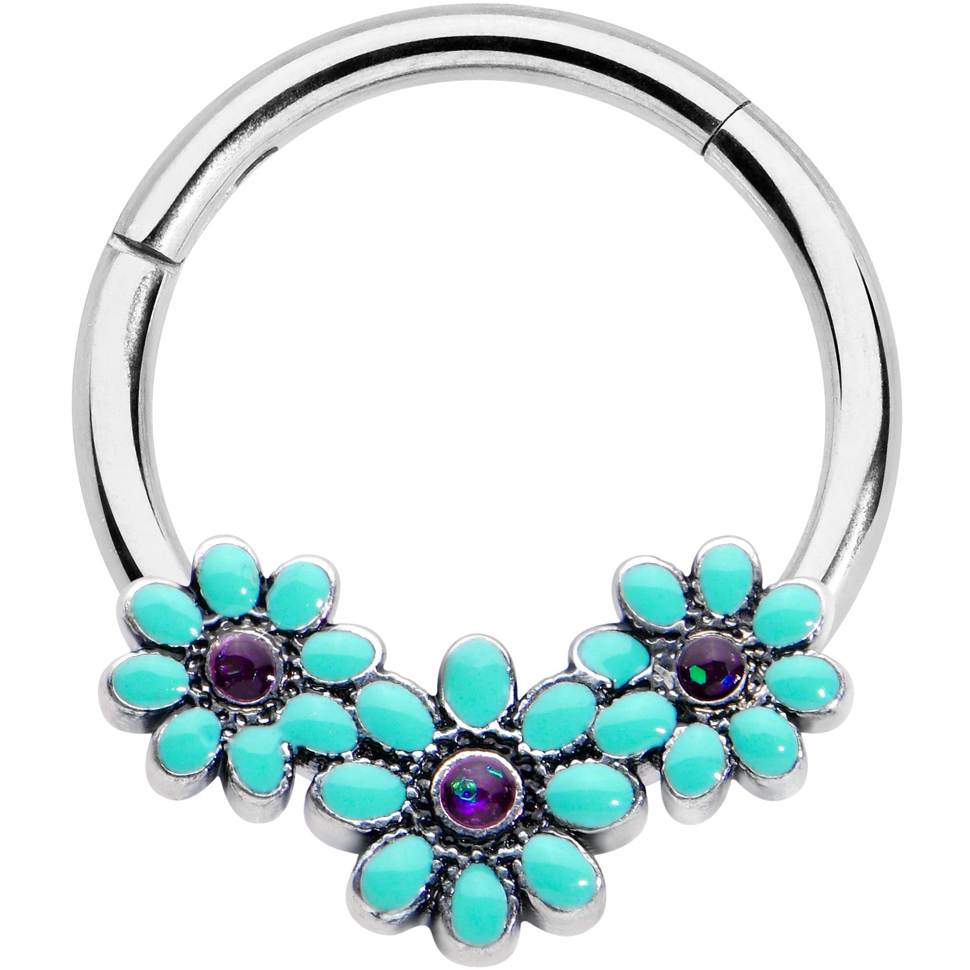 16G 3/8 Blue Gem Flower Trio Teal Petals Hinged Segment Ring