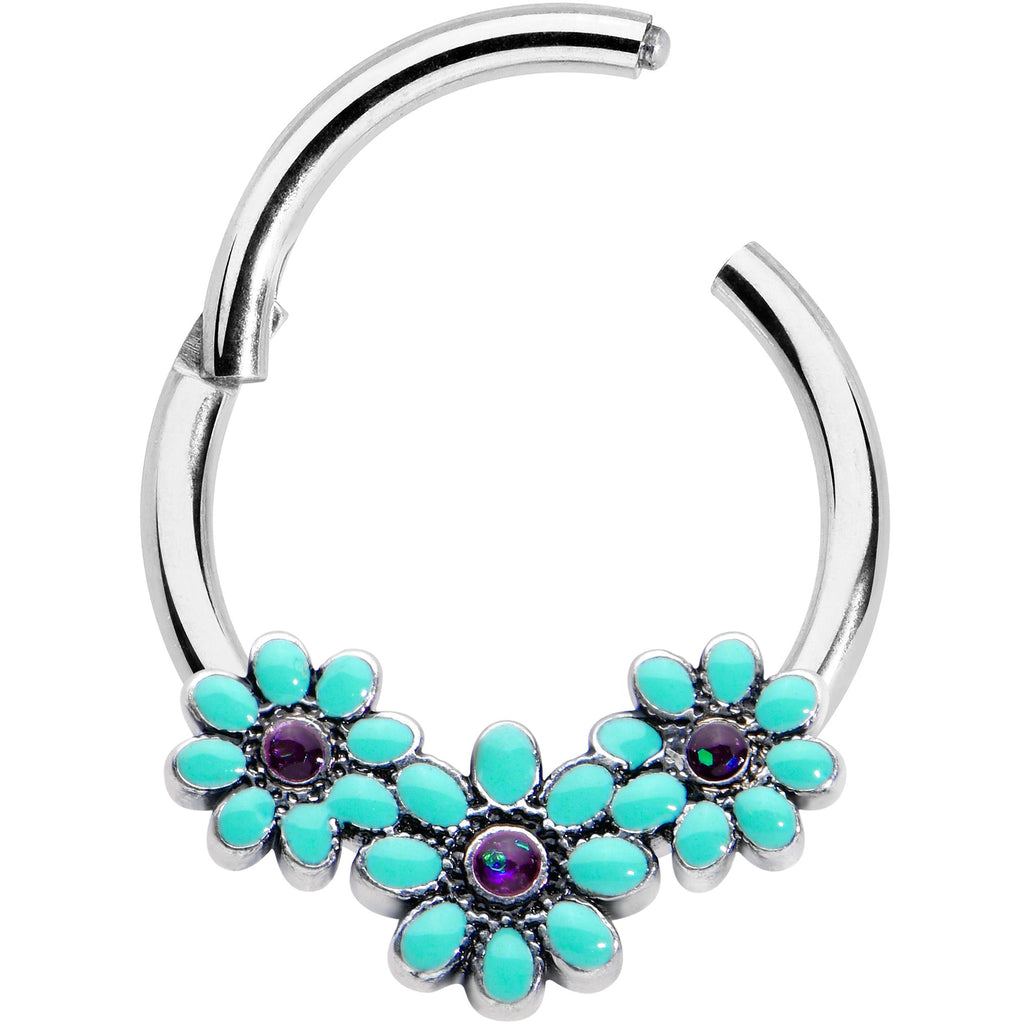 16G 3/8 Blue Gem Flower Trio Teal Petals Hinged Segment Ring