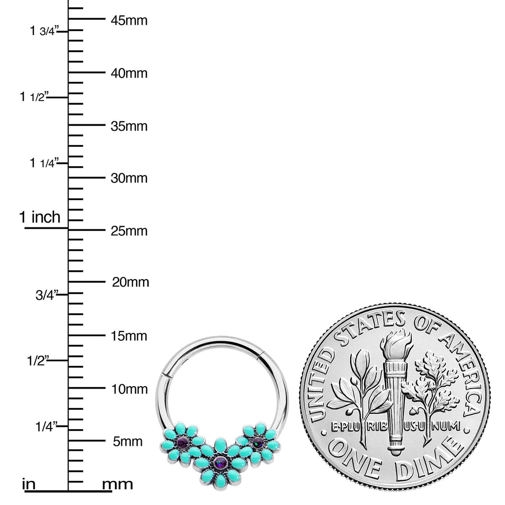 16G 3/8 Blue Gem Flower Trio Teal Petals Hinged Segment Ring