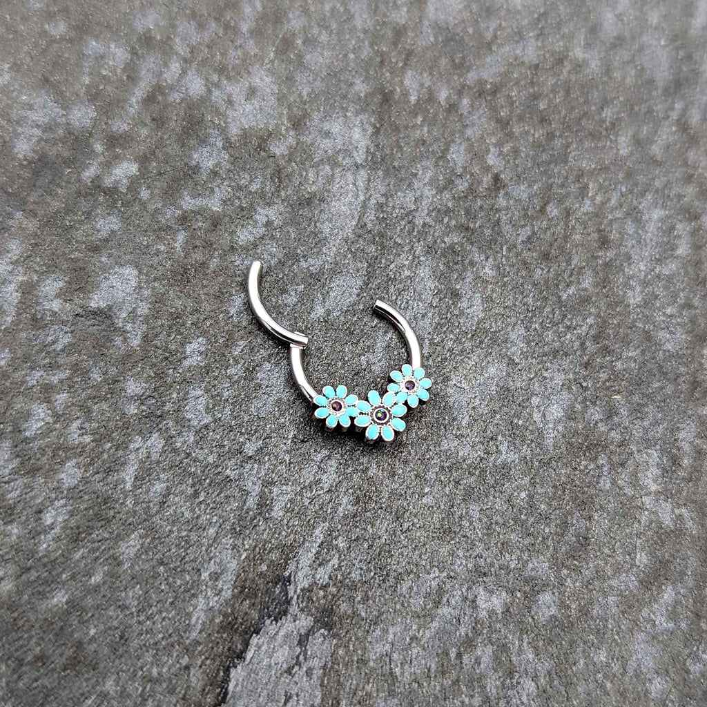 16G 3/8 Blue Gem Flower Trio Teal Petals Hinged Segment Ring