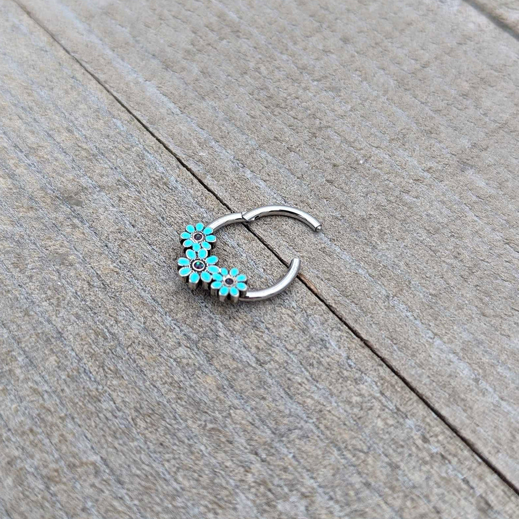 16G 3/8 Blue Gem Flower Trio Teal Petals Hinged Segment Ring