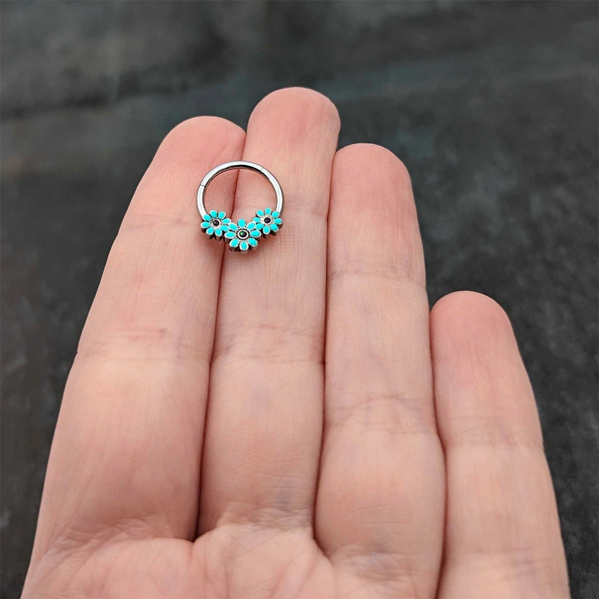 16G 3/8 Blue Gem Flower Trio Teal Petals Hinged Segment Ring