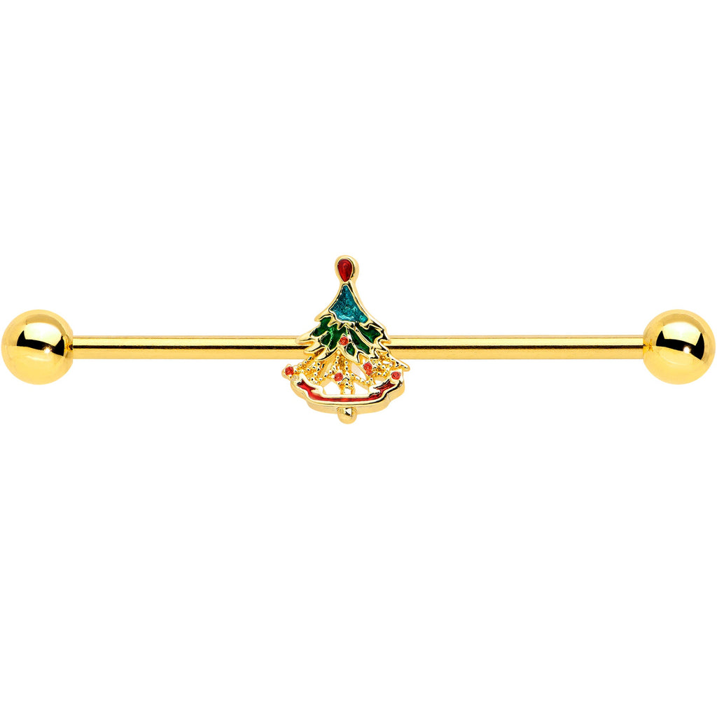 14G Red Gem Gold Tone Deco Holiday Tree Industrial Barbell 38mm