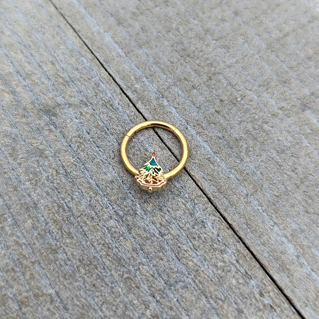 16G 3/8 Red Gem Gold Tone Deco Holiday Tree Hinged Segment Ring