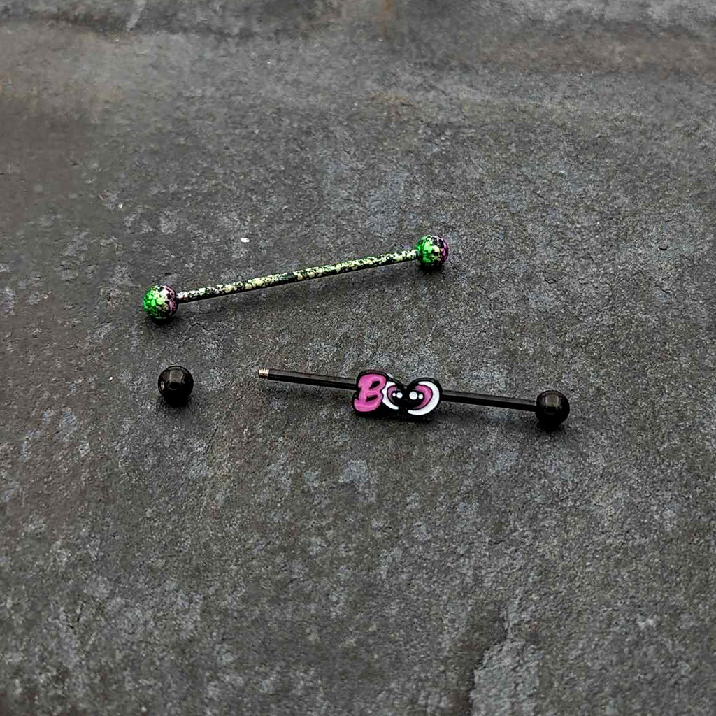 14G Black Halloween Pink Boo Green Industrial Barbell 38mm Set of 2