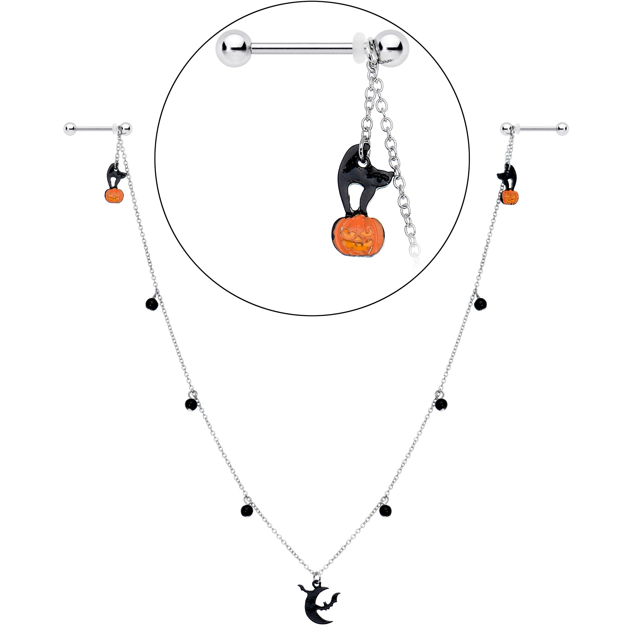 14G 9/16 Pumpkin Black Cat Moon Bats Dangle Halloween Nipple Chain
