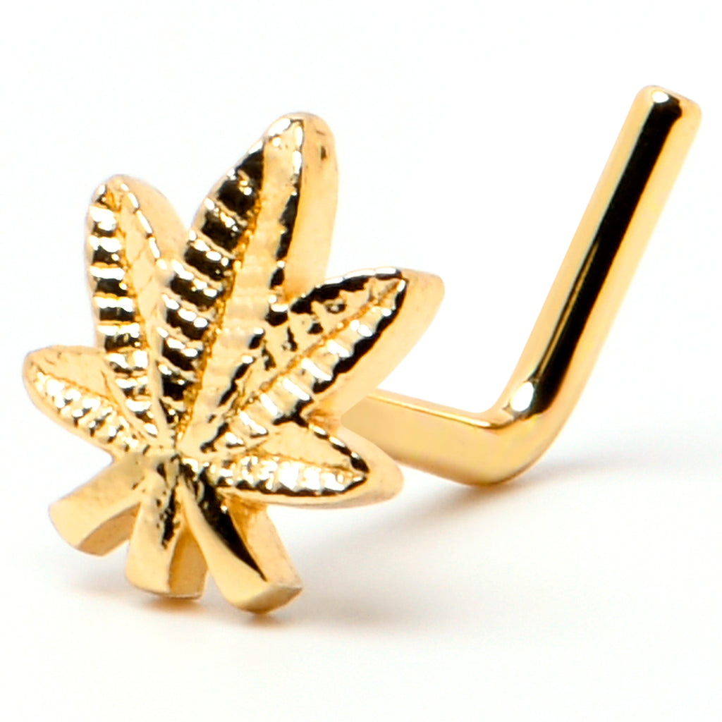20G 1/4 Gold Tone Texture Pot Leaf L Shape Nose Ring