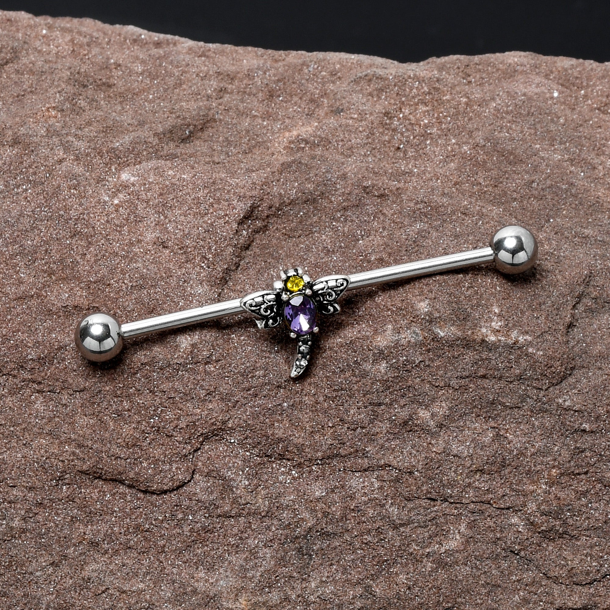 14G Purple Yellow Gem Dragonfly Industrial Barbell 38mm
