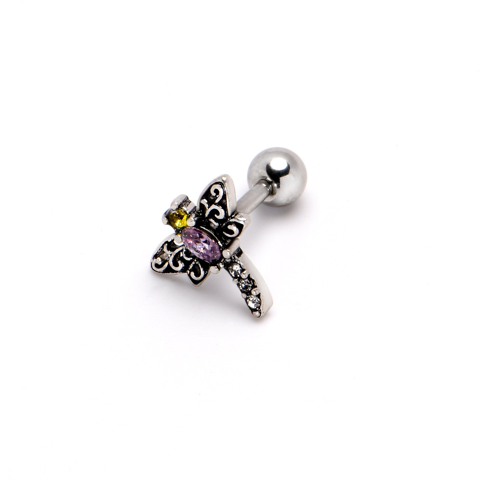 16G 1/4 Yellow Purple Gem Dragonfly Cartilage Tragus Earring
