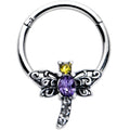 16G 3/8 Purple Yellow Gem Dragonfly Hinged Segment Ring