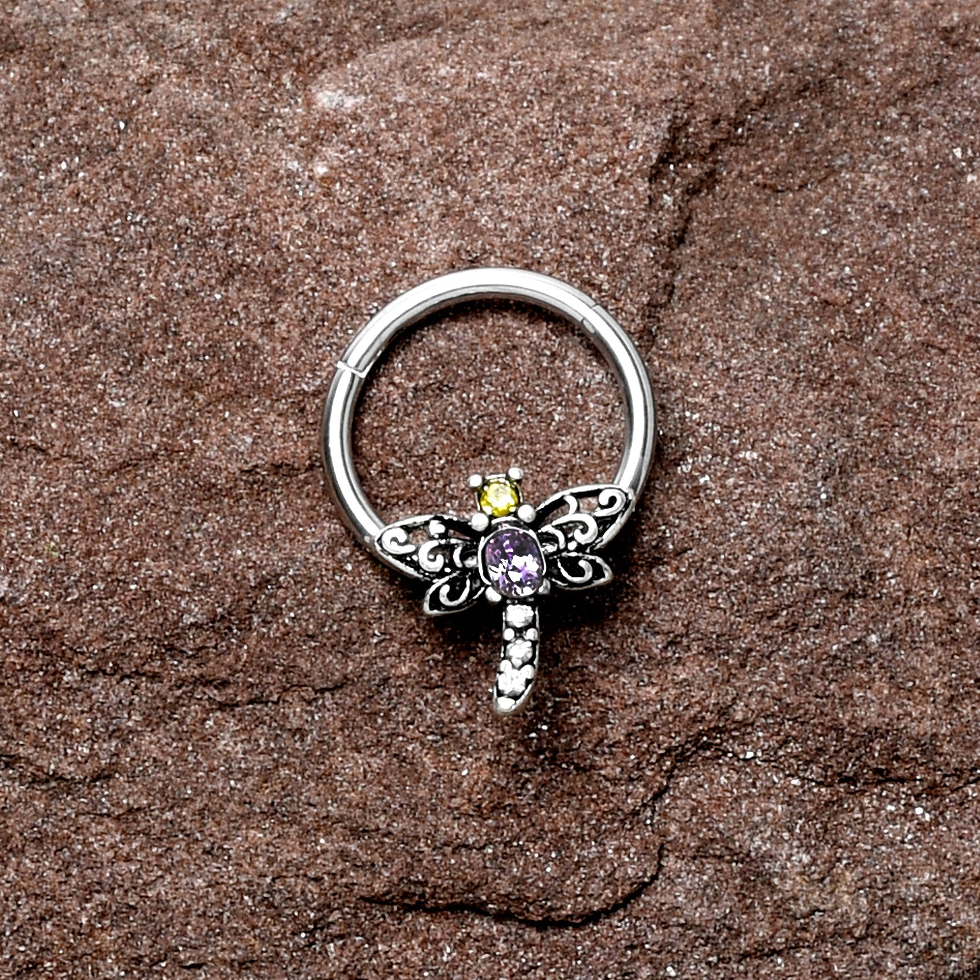 16G 3/8 Purple Yellow Gem Dragonfly Hinged Segment Ring