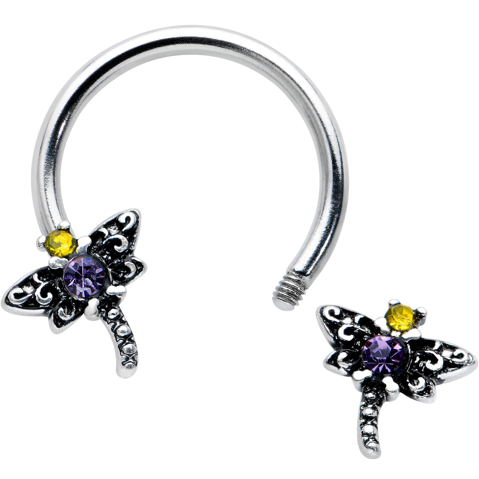 16G 3/8 Purple Yellow Gem Dragonfly Horseshoe Circular Barbell