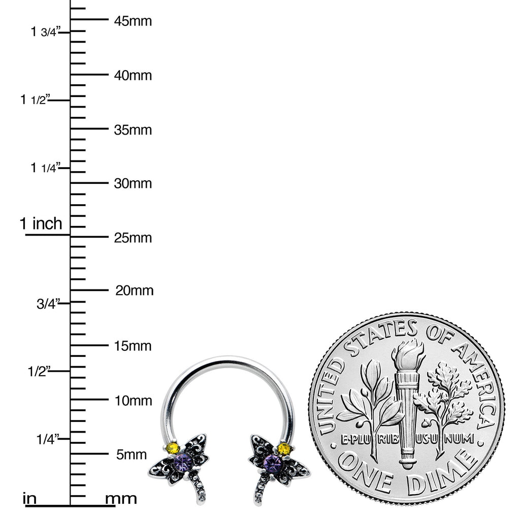 16G 3/8 Purple Yellow Gem Dragonfly Horseshoe Circular Barbell