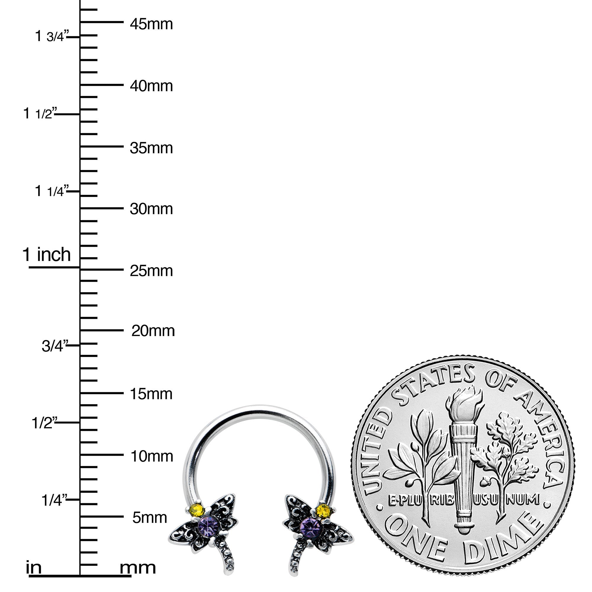 16G 3/8 Purple Yellow Gem Dragonfly Horseshoe Circular Barbell