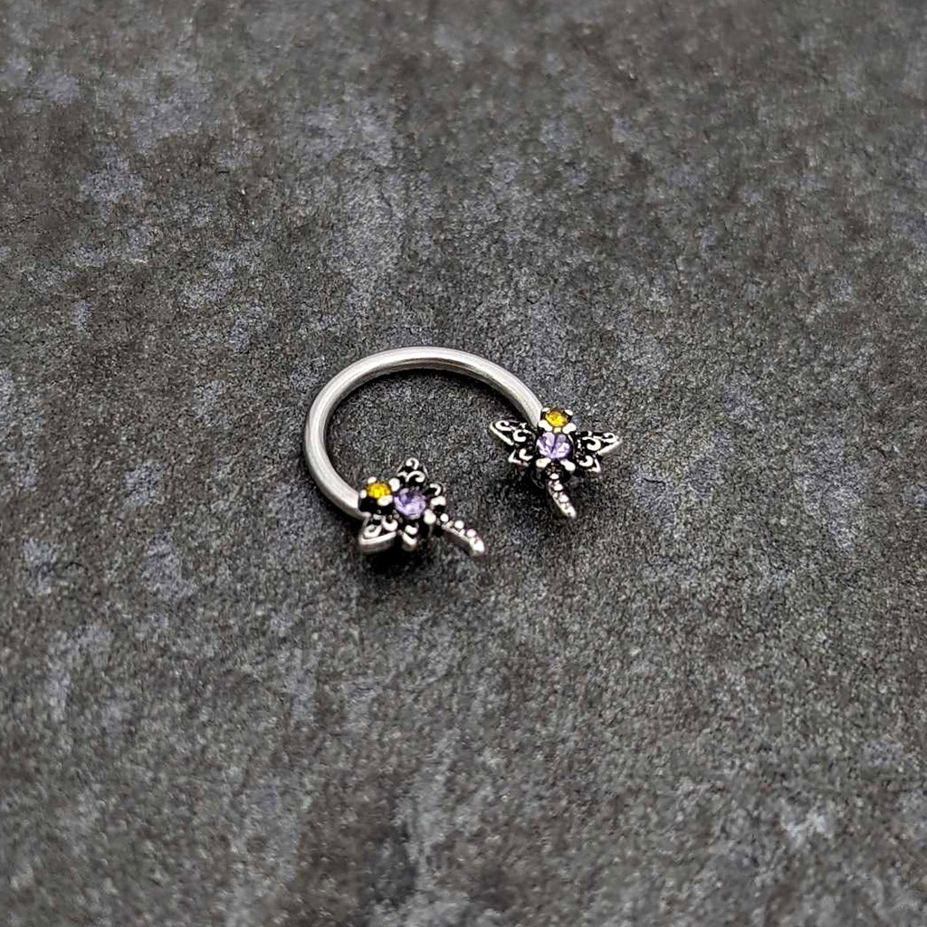 16G 3/8 Purple Yellow Gem Dragonfly Horseshoe Circular Barbell