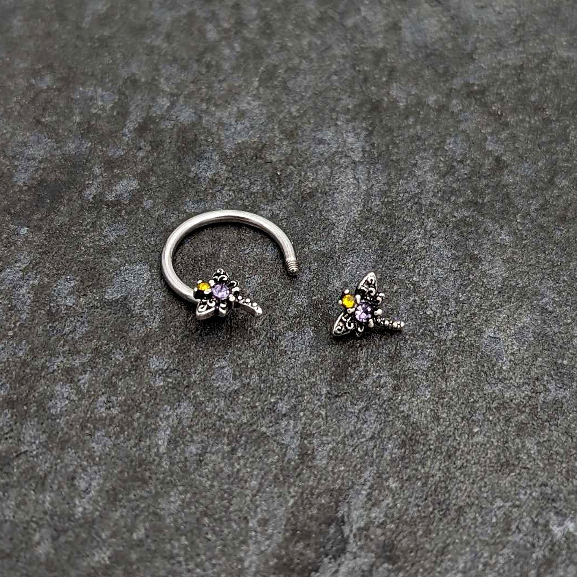 16G 3/8 Purple Yellow Gem Dragonfly Horseshoe Circular Barbell
