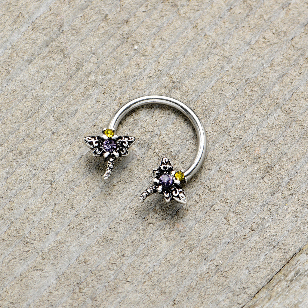 16G 3/8 Purple Yellow Gem Dragonfly Horseshoe Circular Barbell