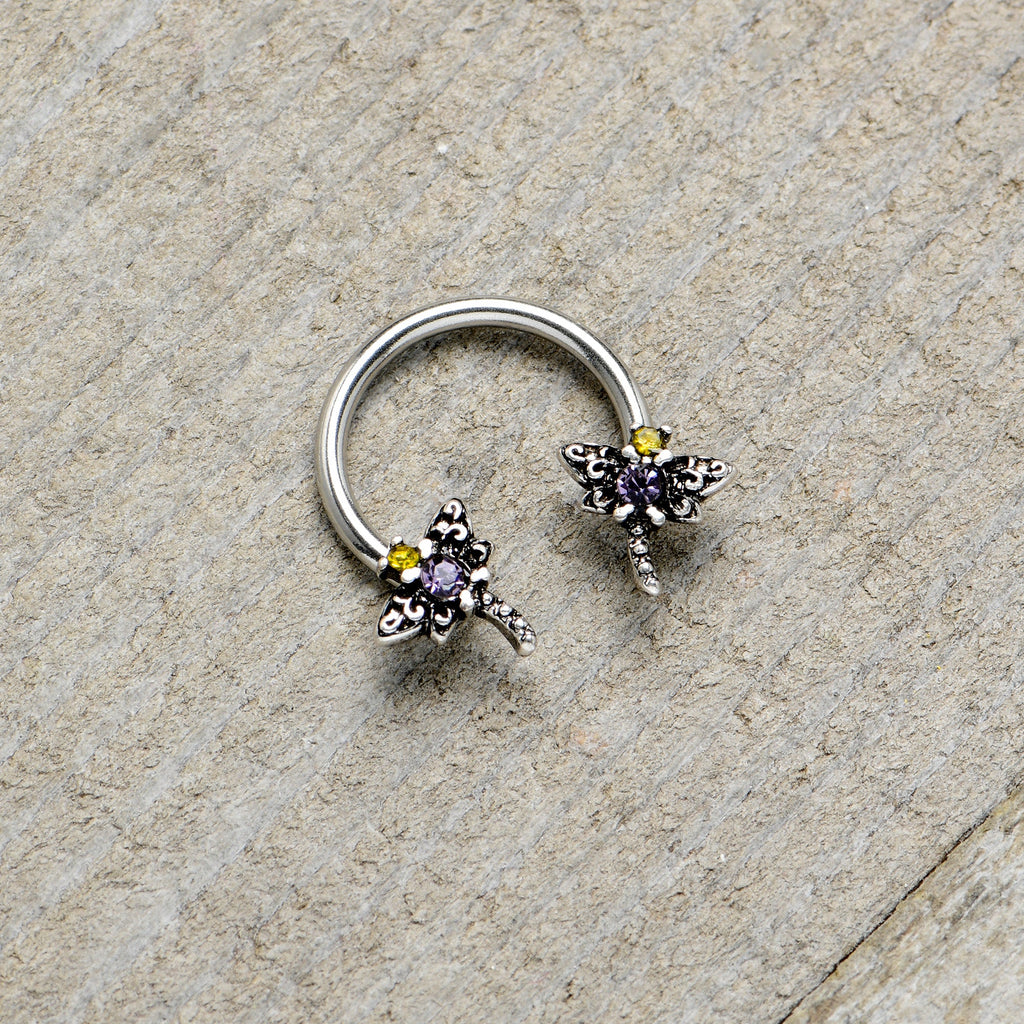 16G 3/8 Purple Yellow Gem Dragonfly Horseshoe Circular Barbell