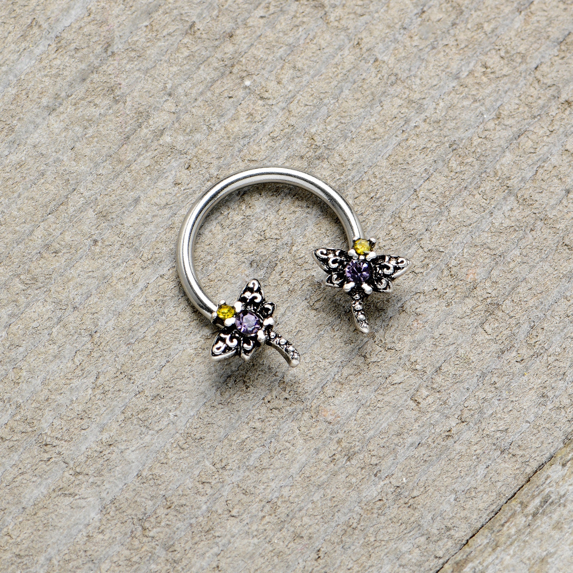 16G 3/8 Purple Yellow Gem Dragonfly Horseshoe Circular Barbell