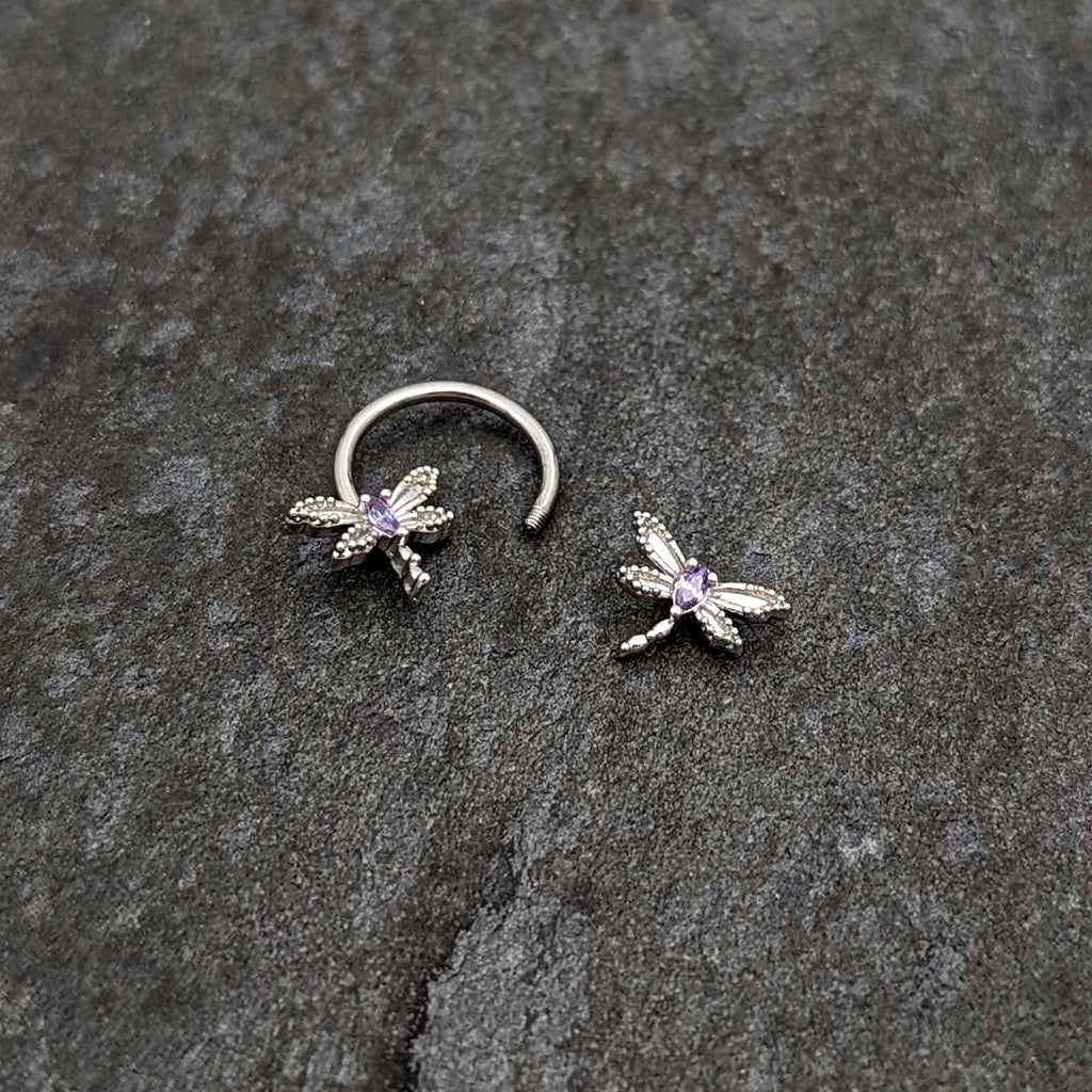 16G 3/8 Purple CZ Gem Open Dragonfly Horseshoe Circular Barbell