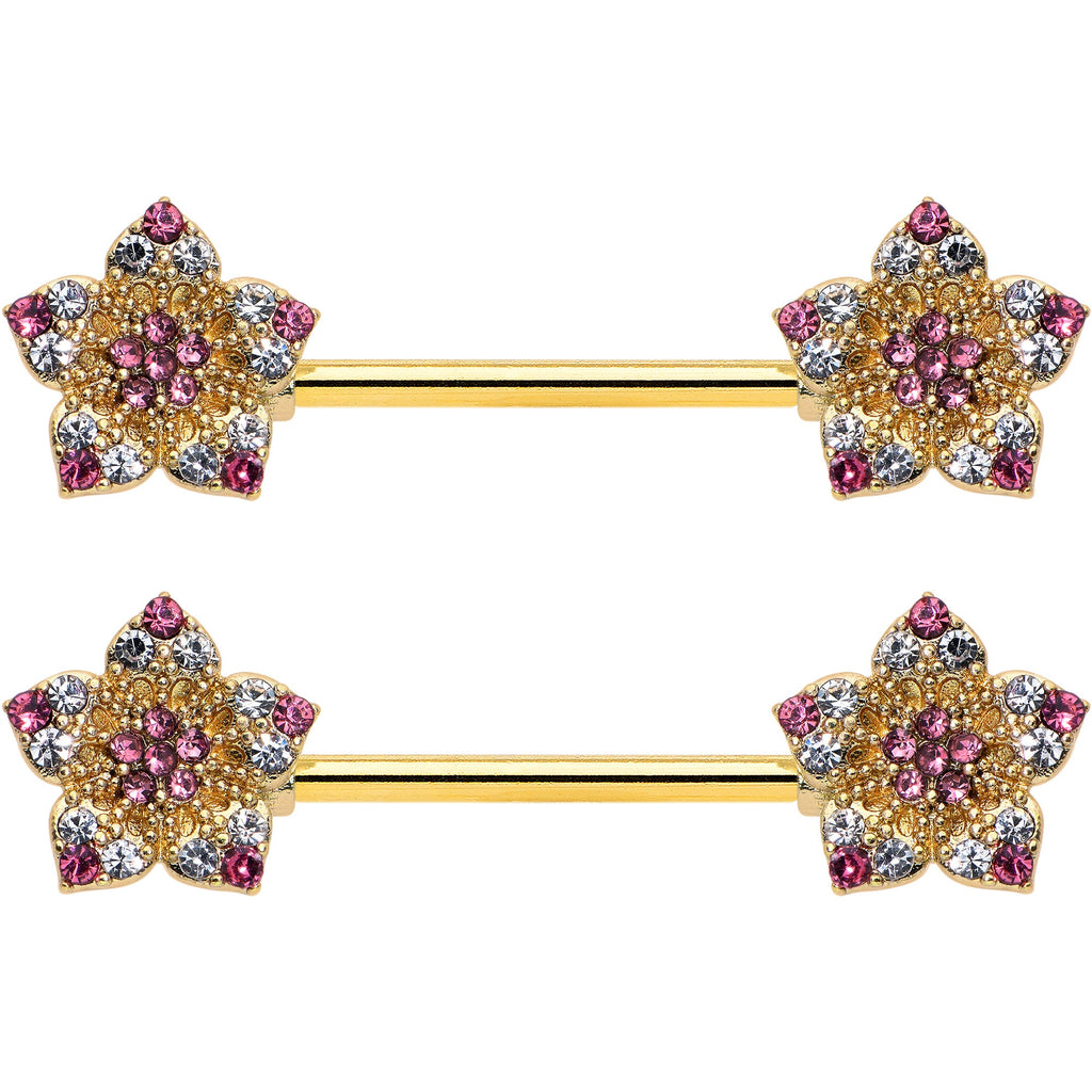 14G 9/16 Pink Gem Gold Tone Texture Star Barbell Nipple Ring Set