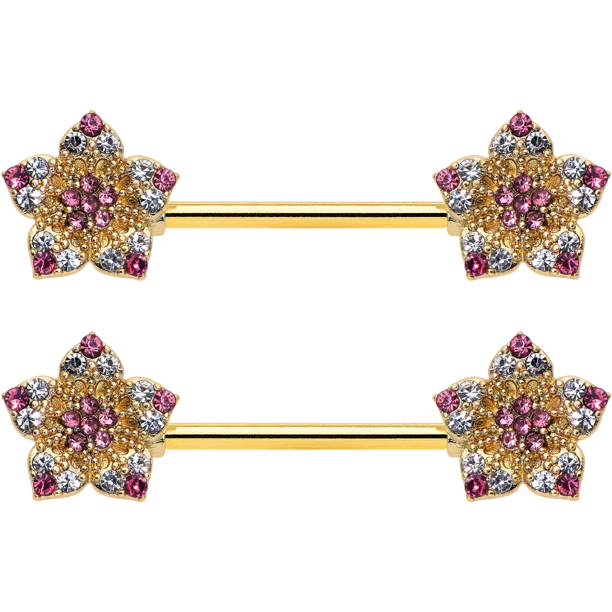 14G 9/16 Pink Gem Gold Tone Texture Star Barbell Nipple Ring Set