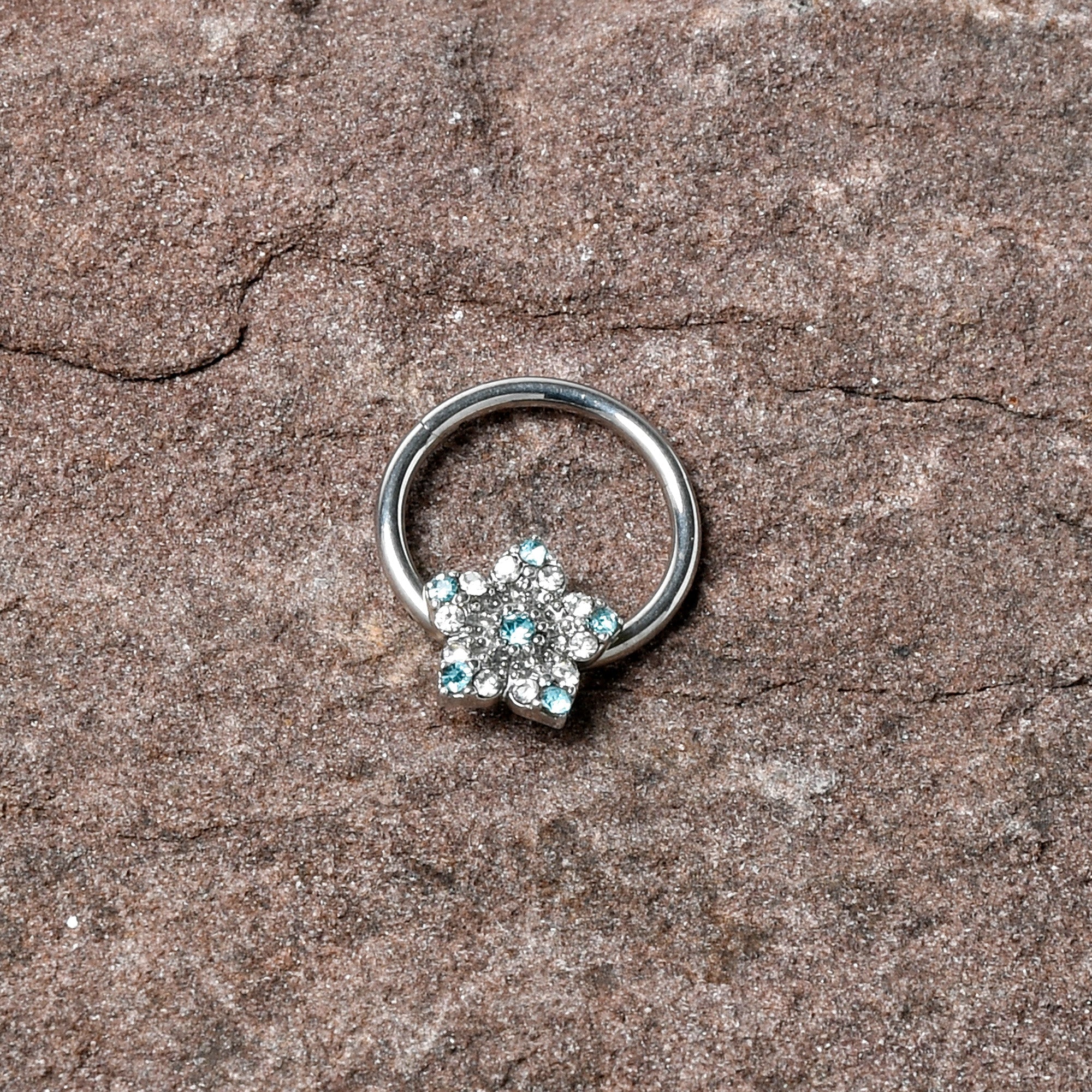 16G 3/8 Blue Clear Gem Opulent Flower Hinged Segment Ring