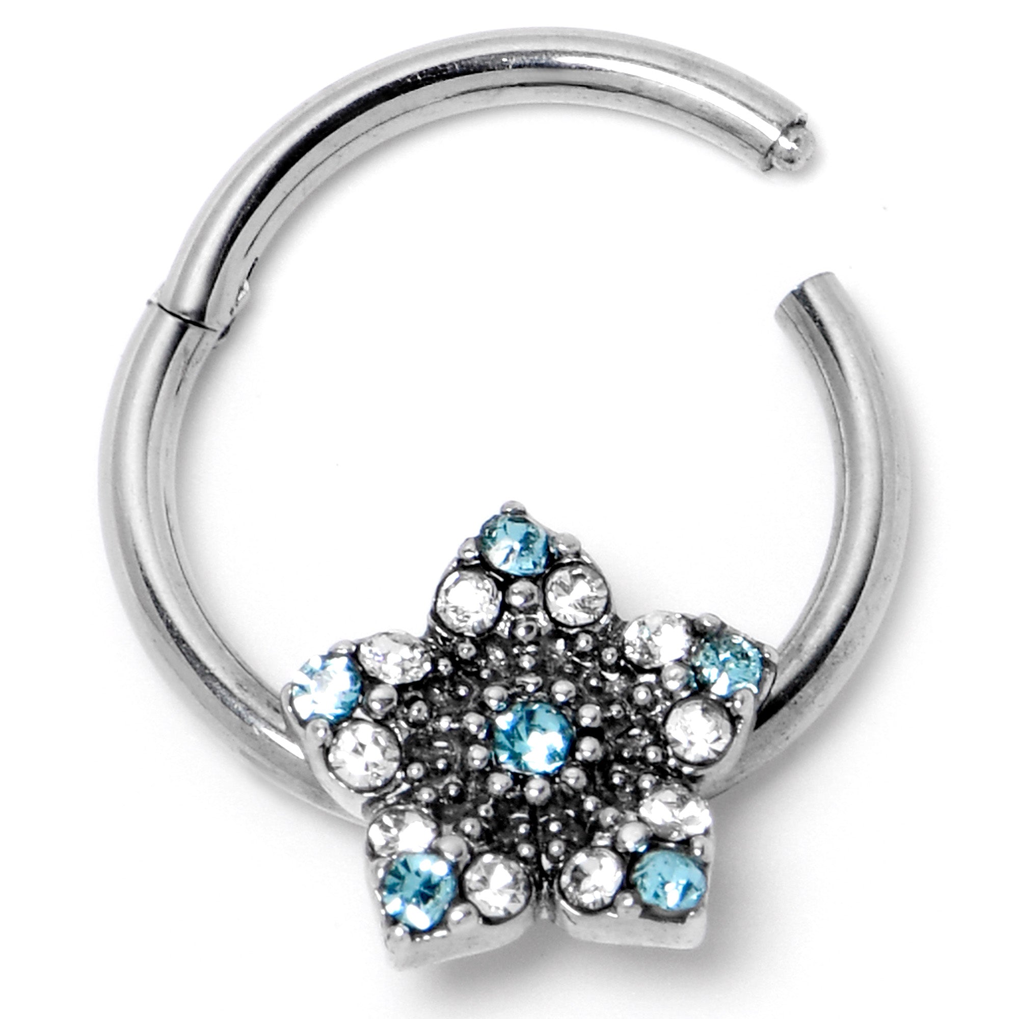 16G 3/8 Blue Clear Gem Opulent Flower Hinged Segment Ring