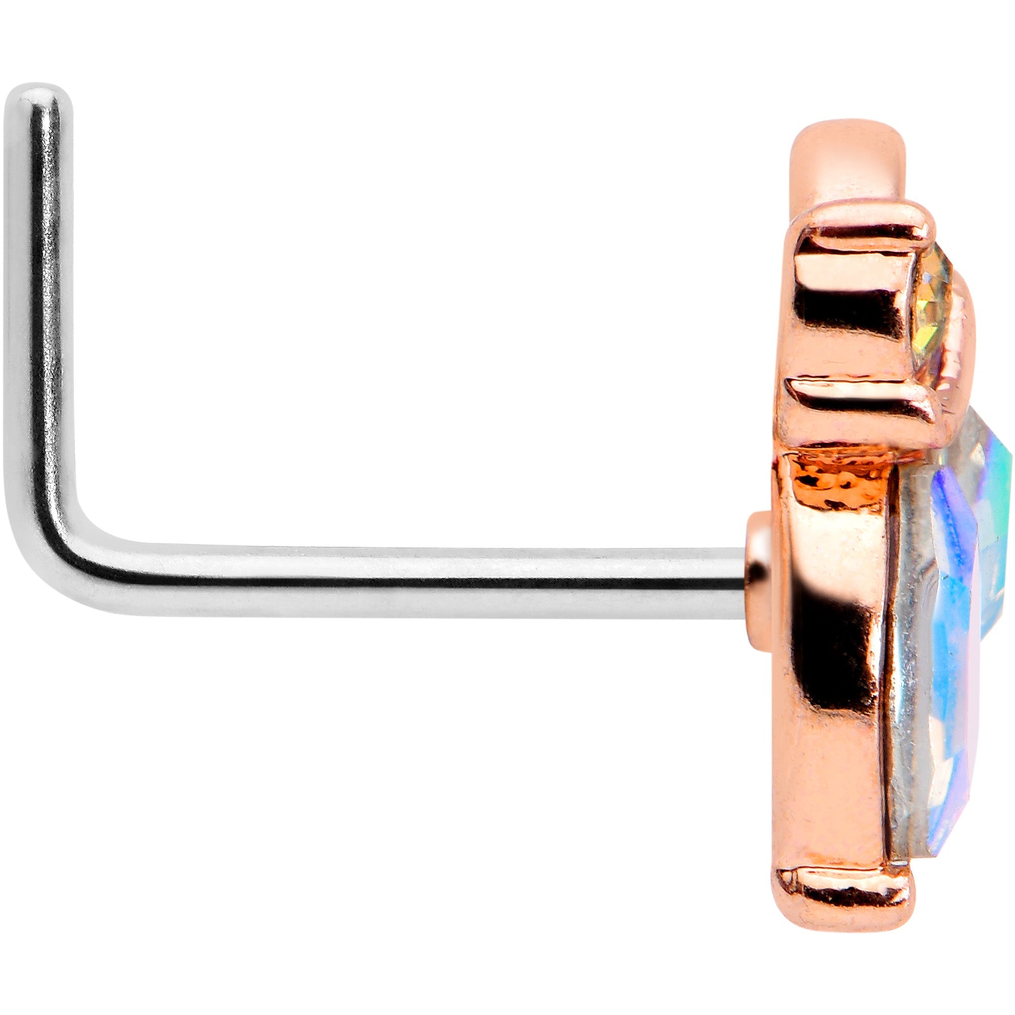 20G 7mm Aurora CZ Gem Fleur de Lis Rosy Butterfly L Shape Nose Ring