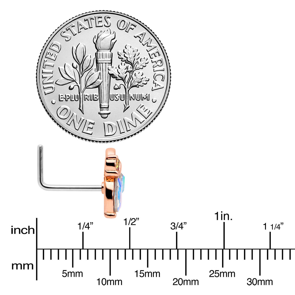 20G 7mm Aurora CZ Gem Fleur de Lis Rosy Butterfly L Shape Nose Ring