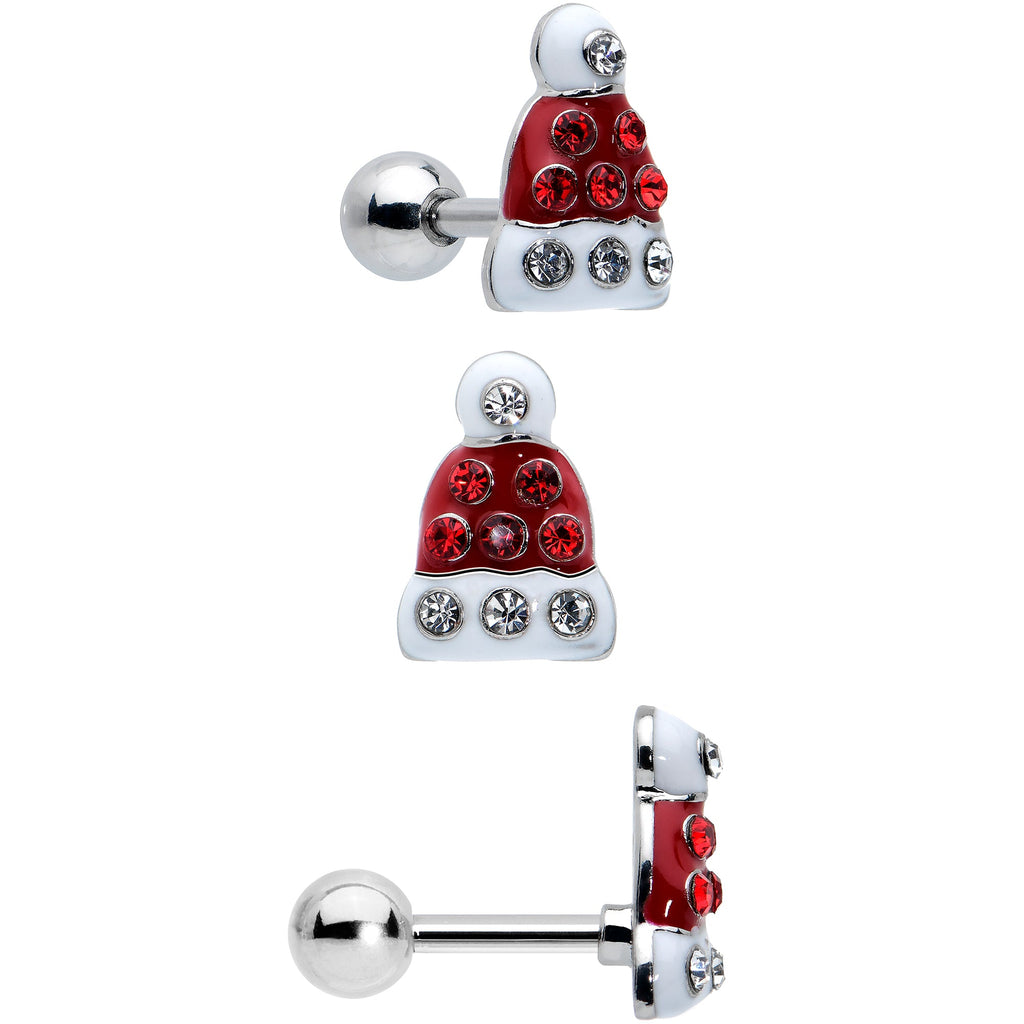 16G 1/4 Red Gem Santa Hat Holly Sprig Cartilage Earring Set of 3