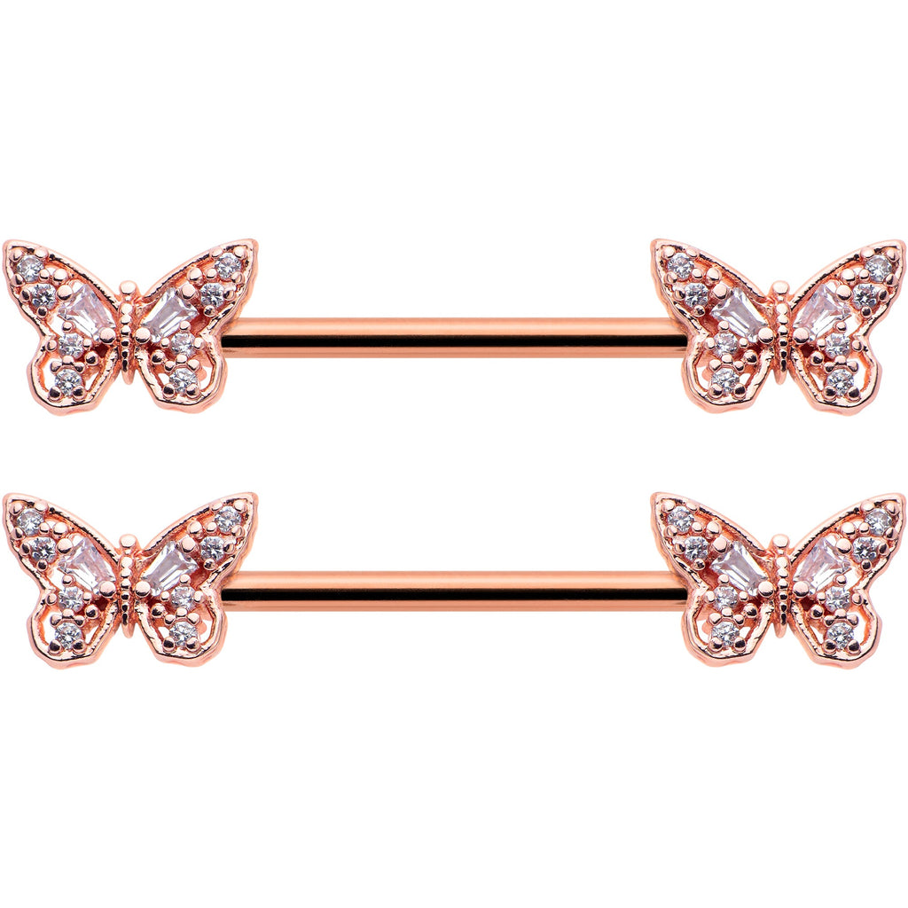 14G 9/16 Clear Gem Rosy Tone Baroque Butterfly Nipple Ring Set