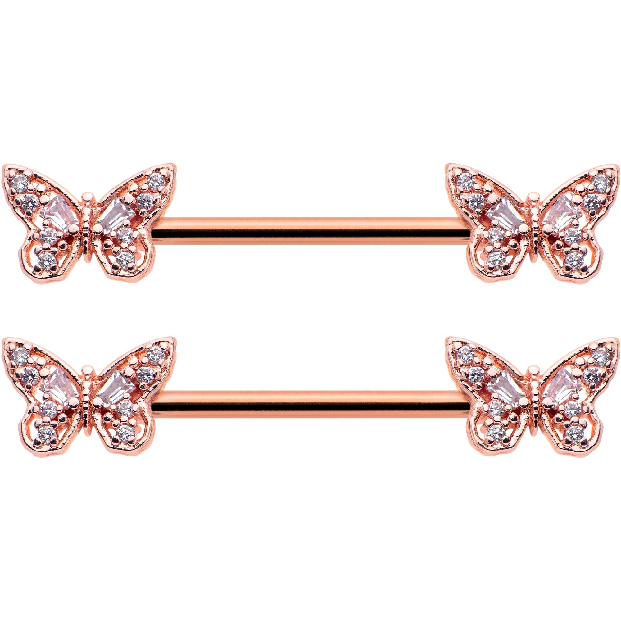 14G 9/16 Clear Gem Rosy Tone Baroque Butterfly Nipple Ring Set