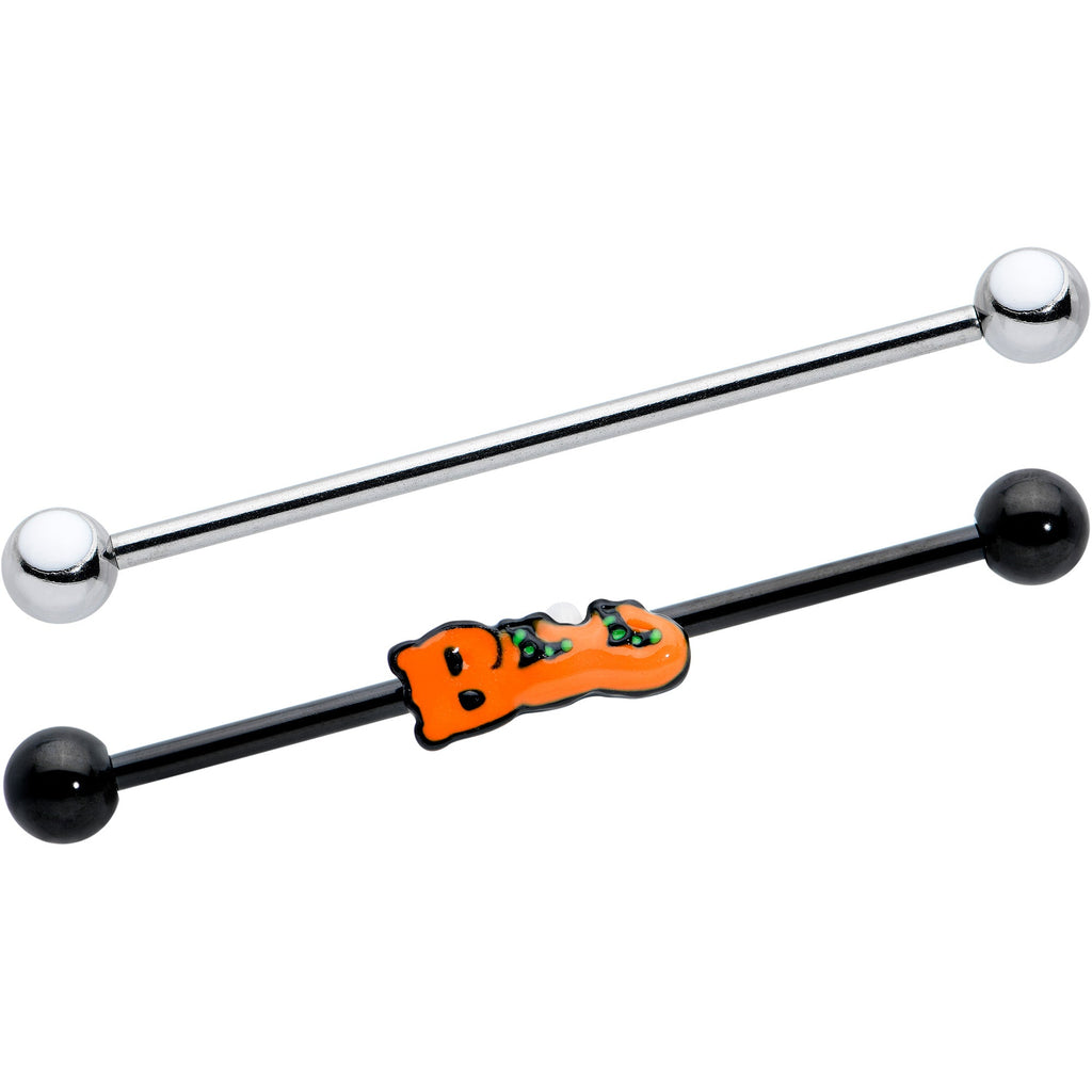 14G Black Halloween Boo Glow in Dark Industrial Barbell Set of 2