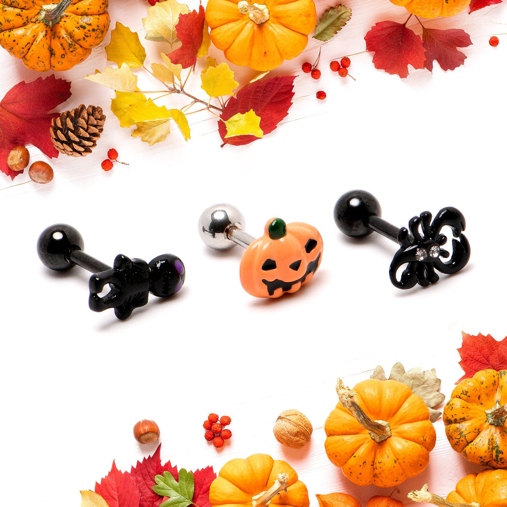 16G 1/4 Clear Gem Black Scorpion Pumpkin Cartilage Earring Set of 3