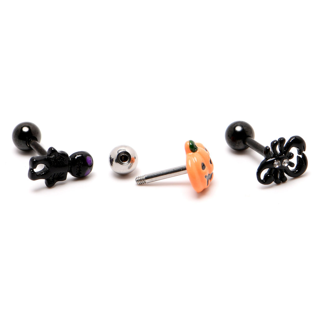16G 1/4 Clear Gem Black Scorpion Pumpkin Cartilage Earring Set of 3