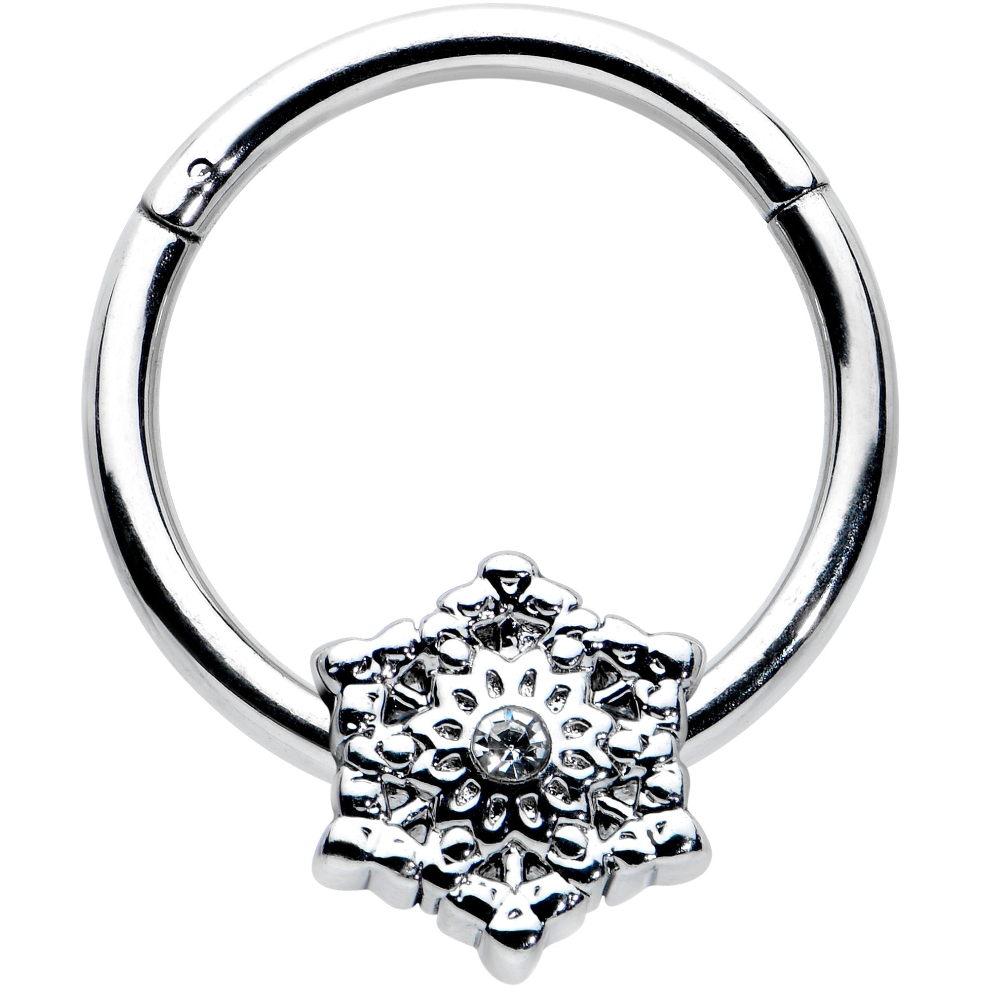 16G 3/8 Clear Gem Filigree Winter Snowflake Hinged Segment Ring
