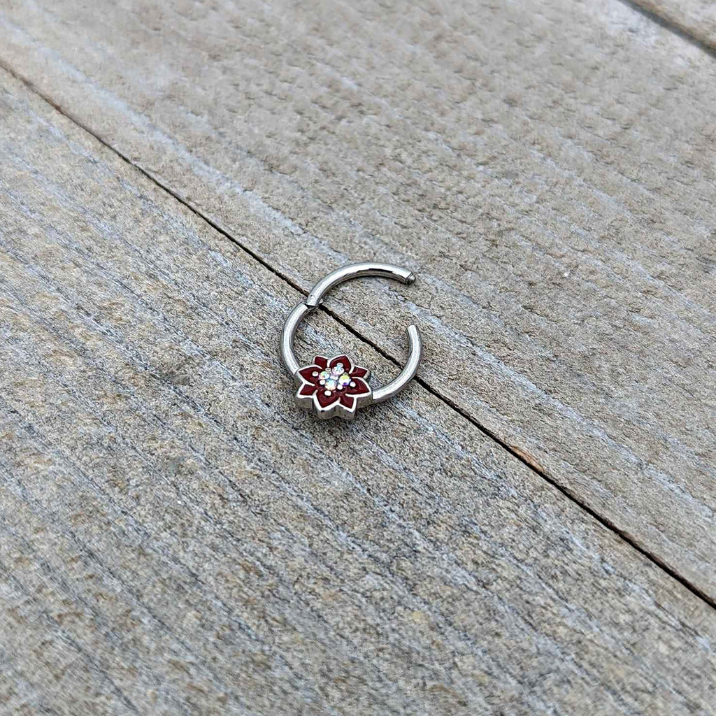 16G 3/8 Aurora Gem Poinsettia Flower Festive Hinged Segment Ring