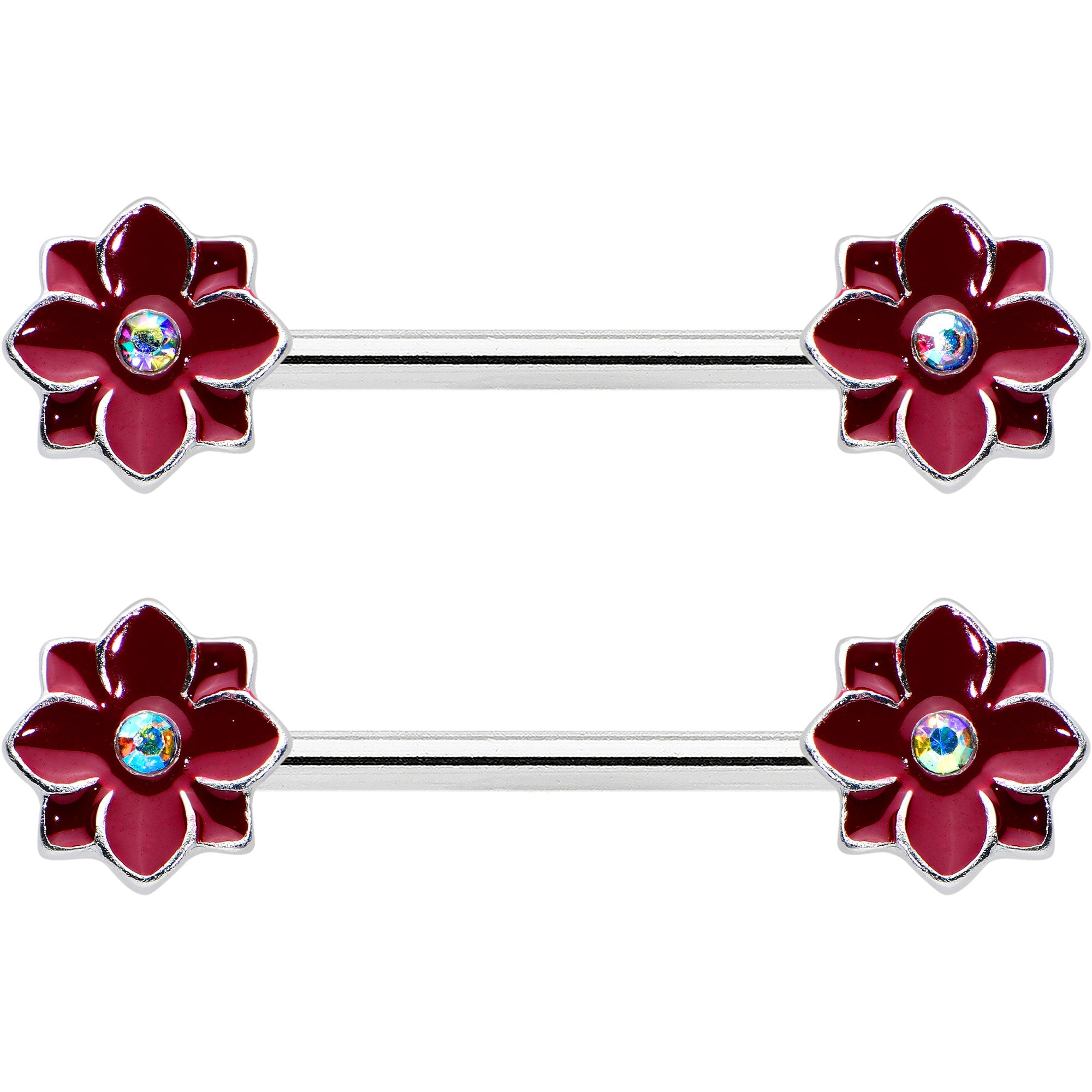 14G 9/16 Aurora Gem Poinsettia Flower Barbell Nipple Ring Set
