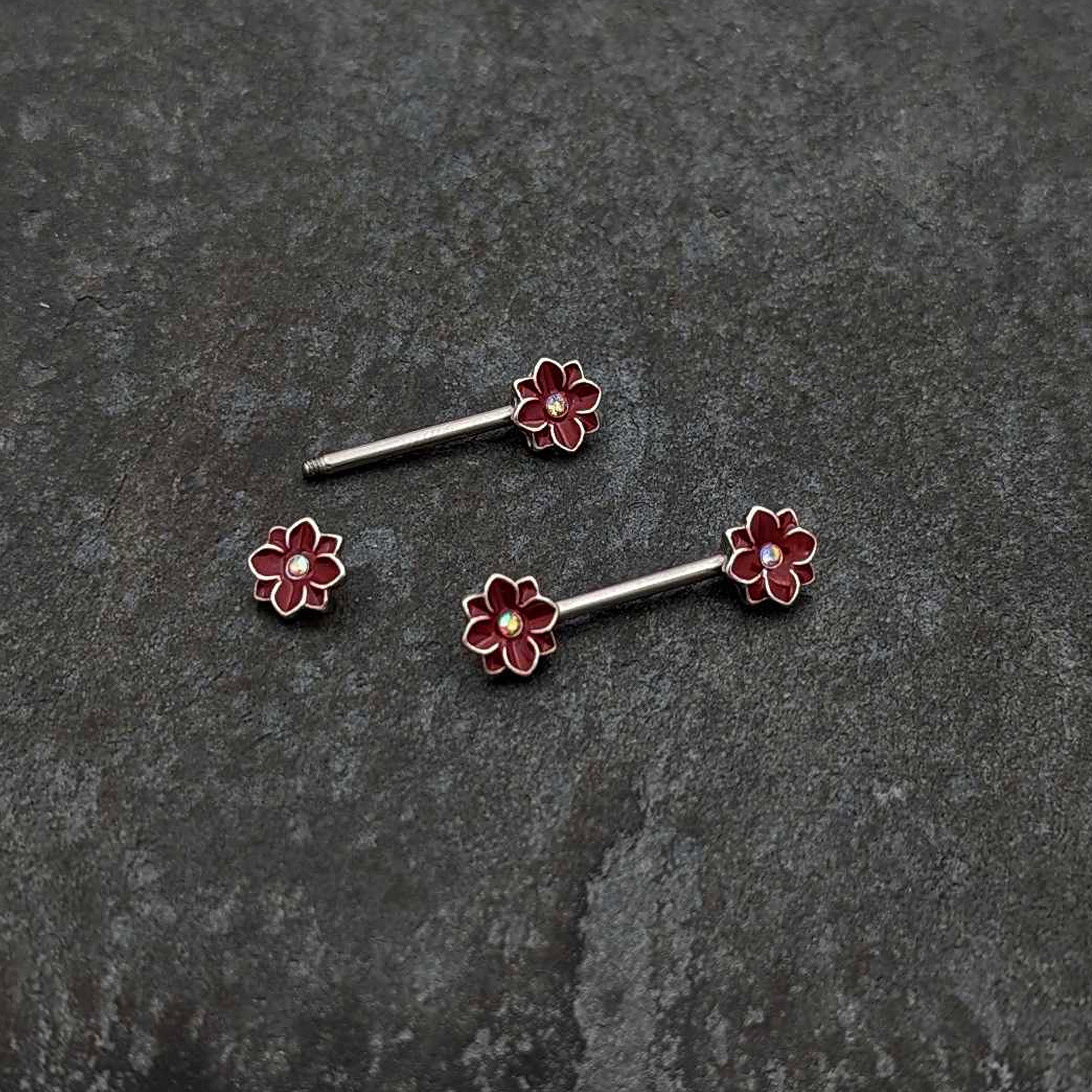14G 9/16 Aurora Gem Poinsettia Flower Barbell Nipple Ring Set