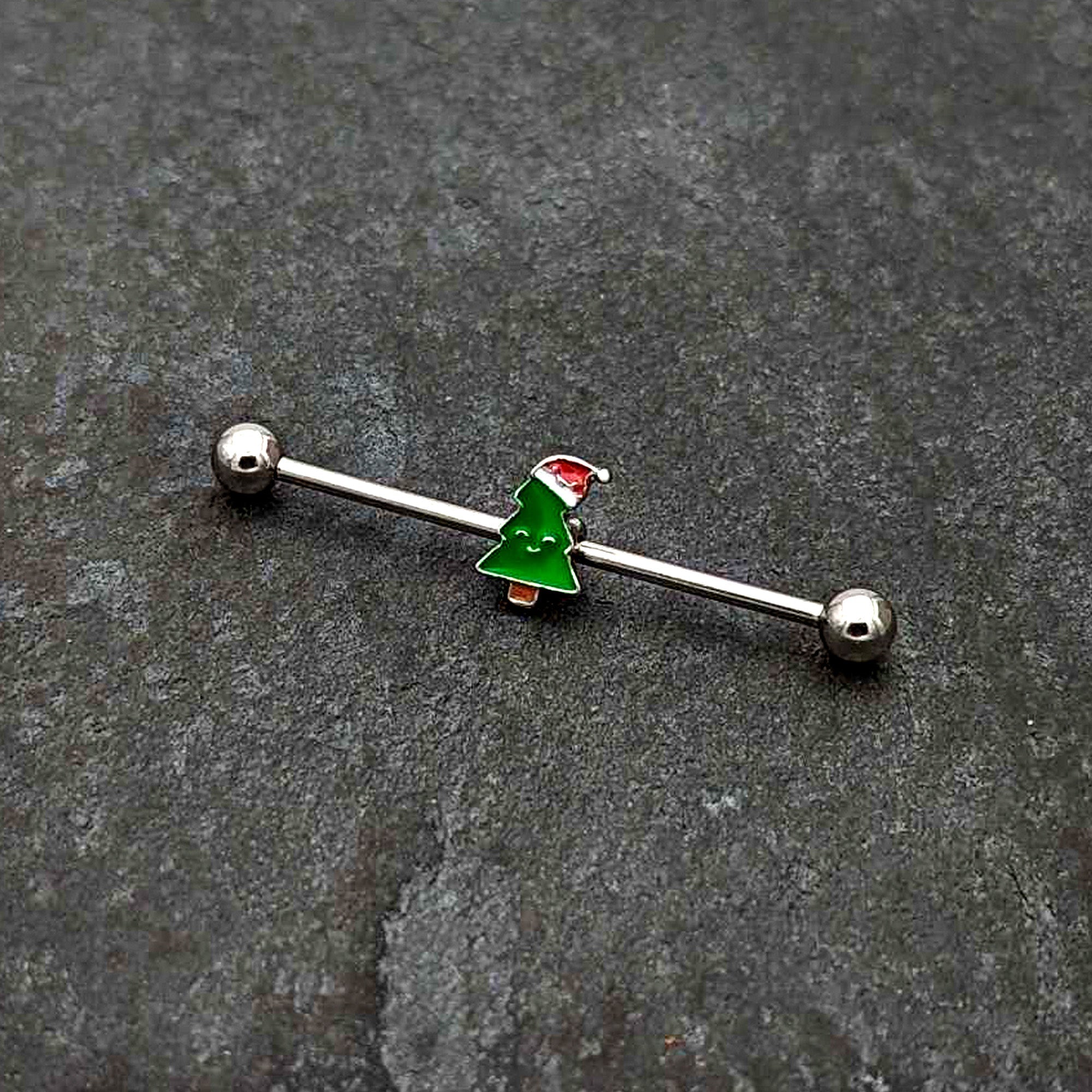 14G Happy Christmas Tree Hat Holiday Industrial Barbell 38mm