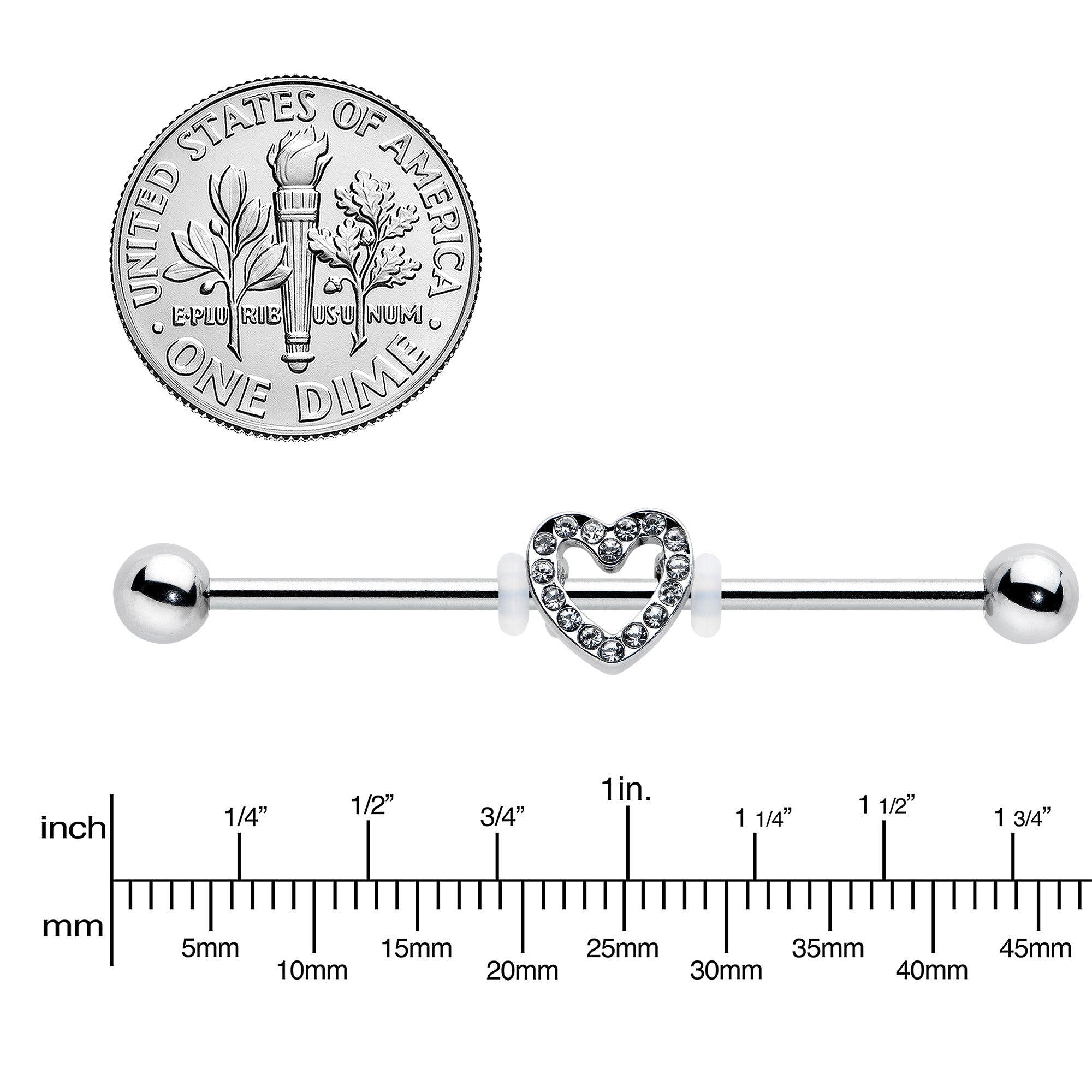14G Clear Gem Open Heart Valentine Industrial Barbell 38mm