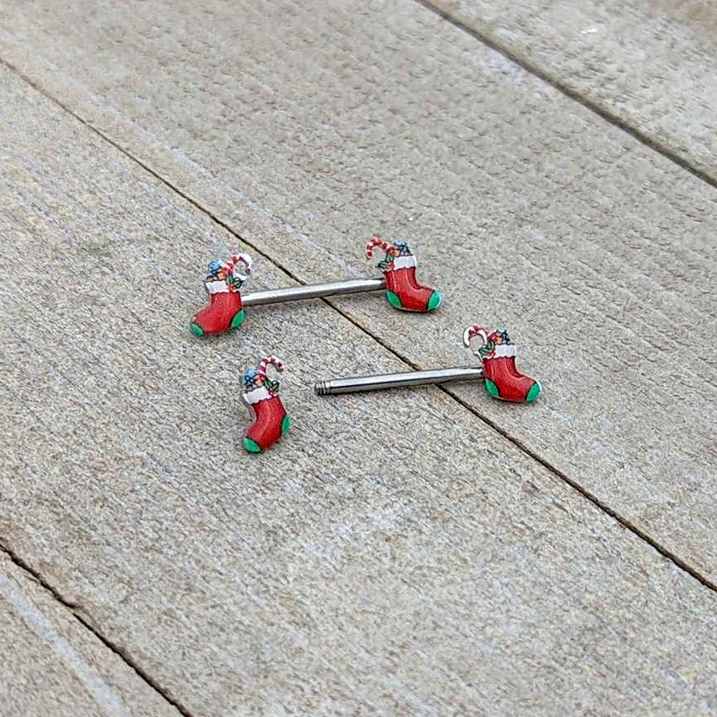 14G 9/16 Cheery Christmas Stocking Red Barbell Nipple Ring Set