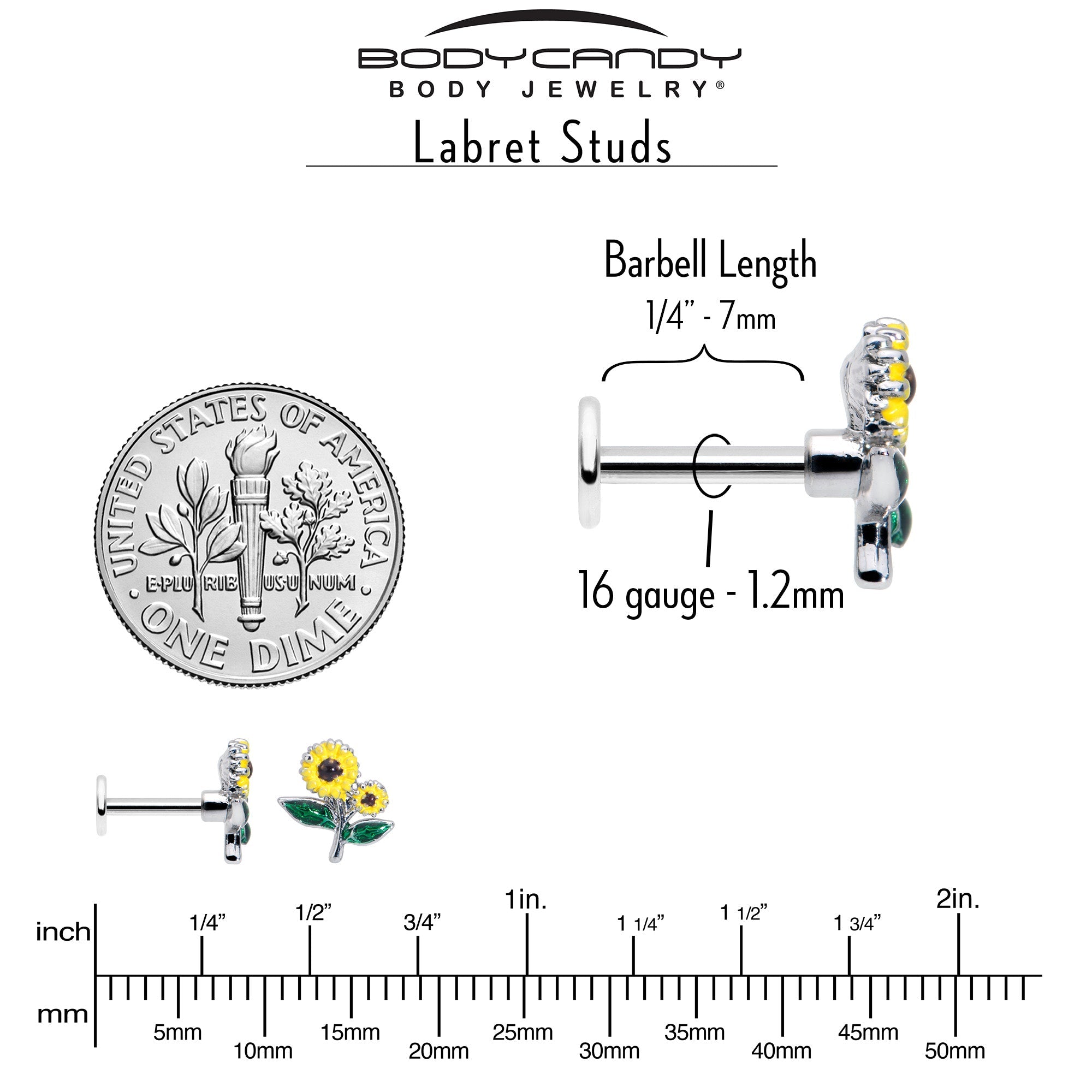 16G 1/4 Cheery Inlay Sunflowers Labret