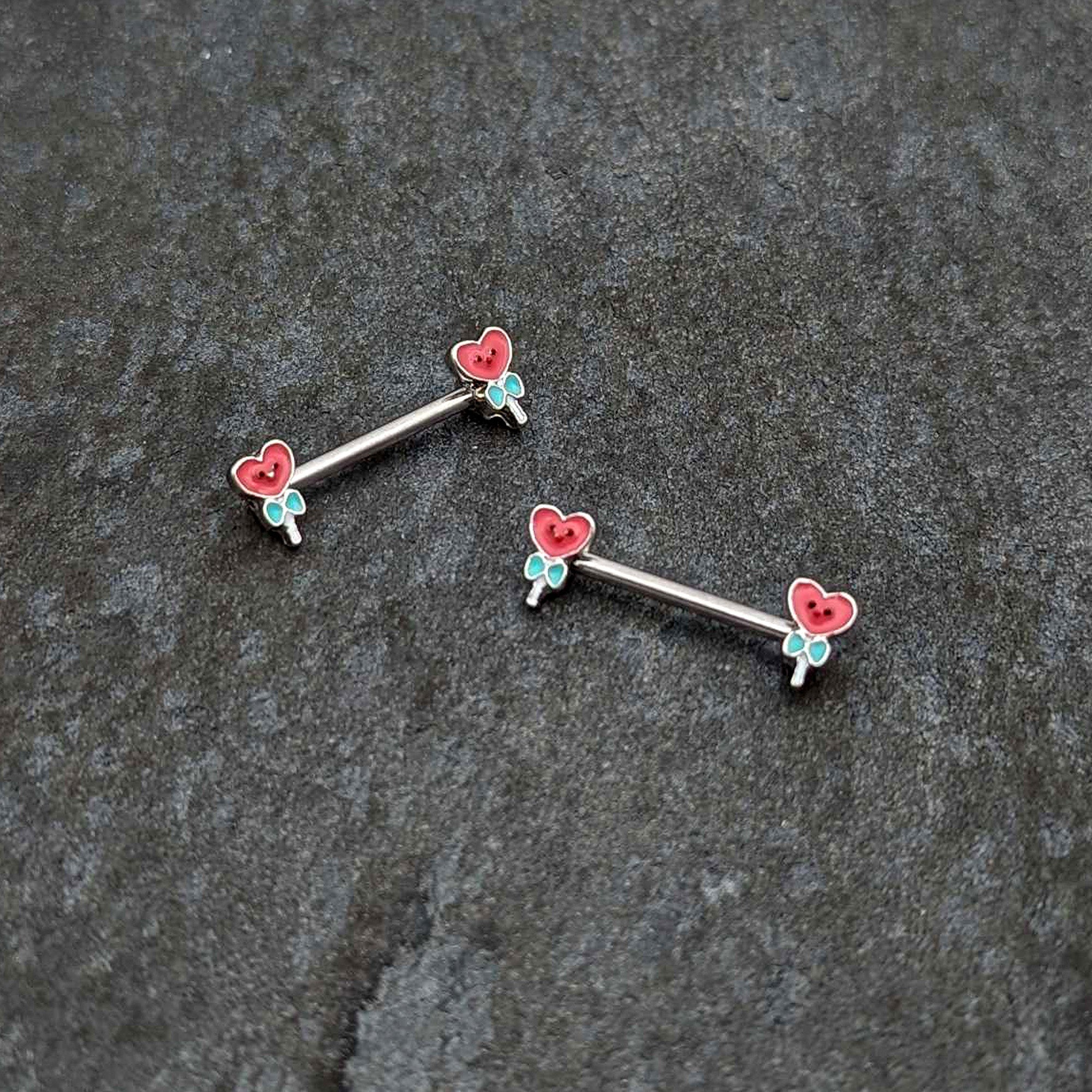 14G 9/16 Sweet Happy Heart Lollipop Barbell Nipple Ring Set
