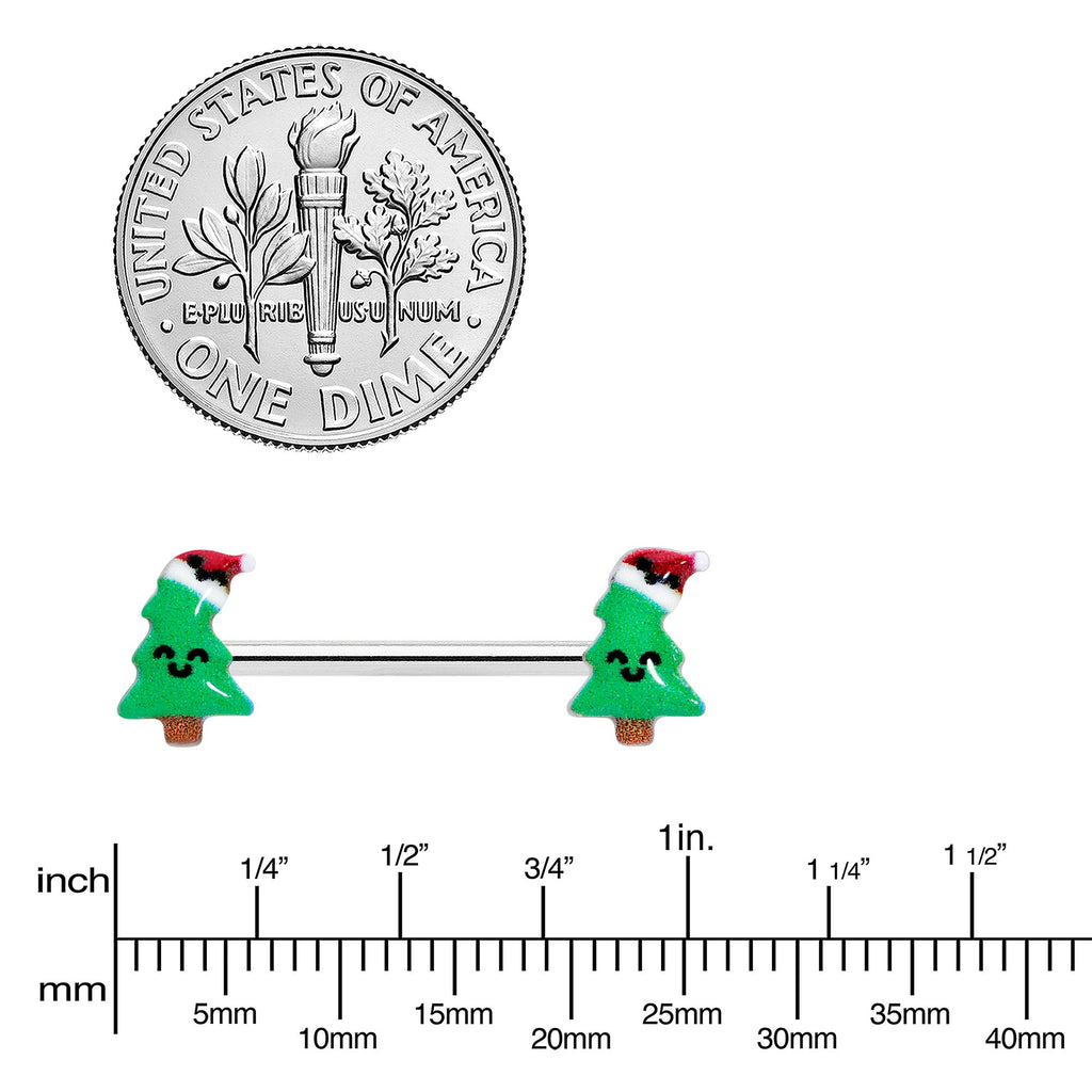 14G 9/16 Happy Christmas Tree Hat Barbell Nipple Ring Set