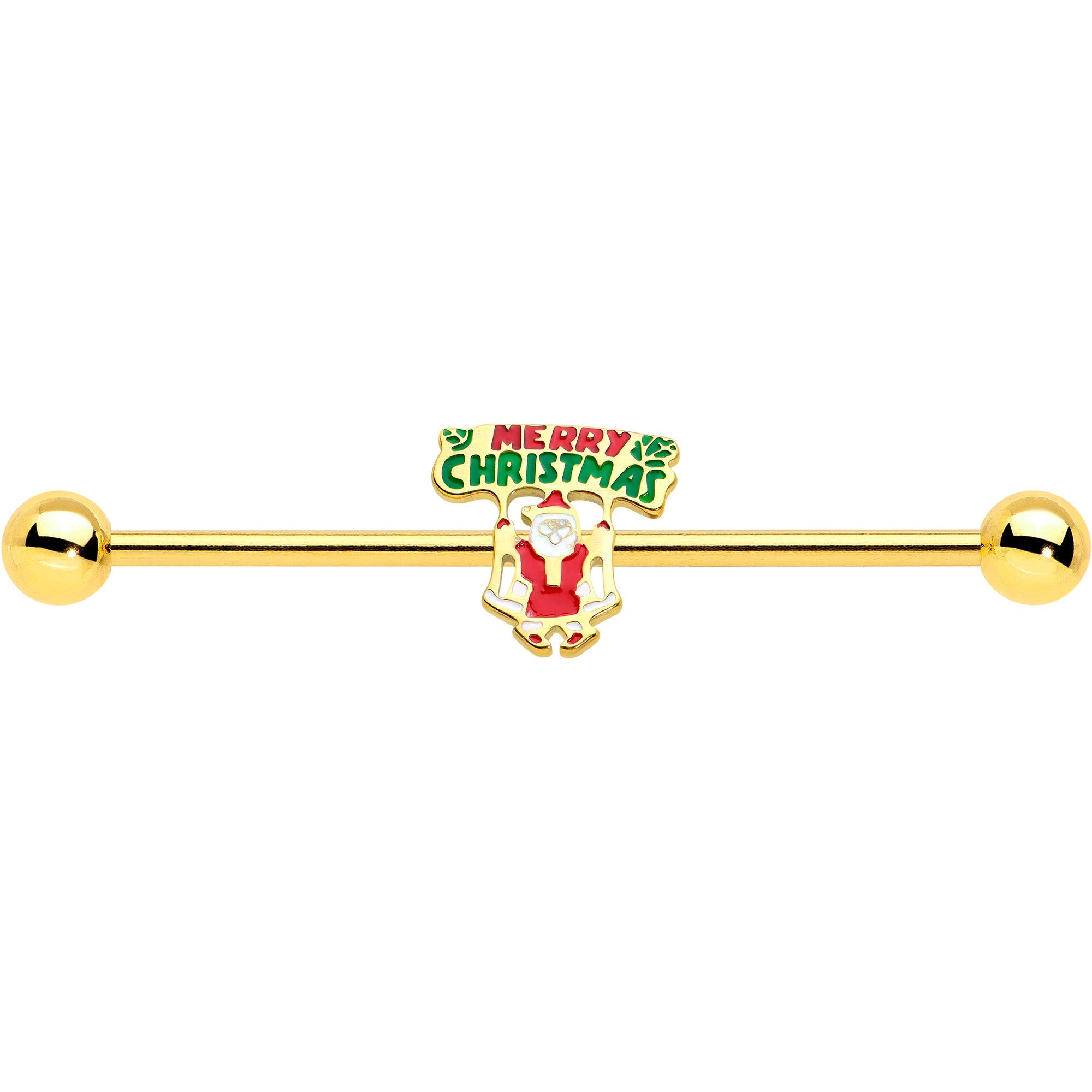 14G Gold Hue Merry Christmas Santa Inlaid Industrial Barbell 38mm