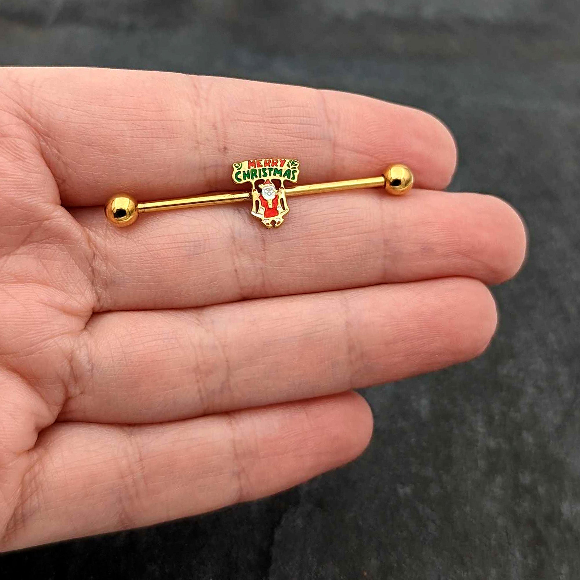 14G Gold Hue Merry Christmas Santa Inlaid Industrial Barbell 38mm